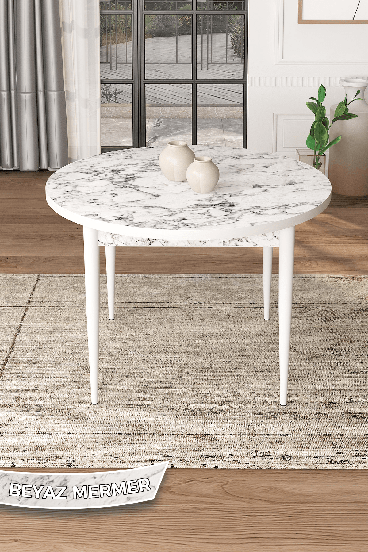 Kea Serisi 90x90 Yuvarlak Sabit Beyaz Mermer Desen Masa Takımı Ve 4 Sandalye
