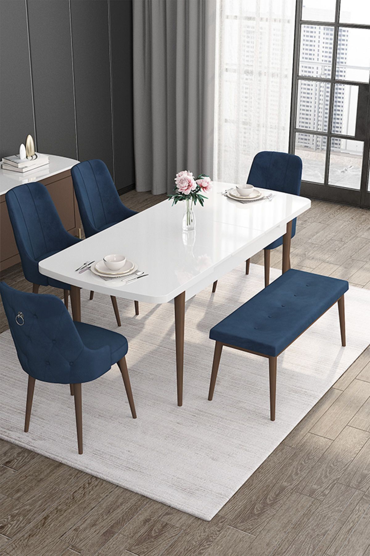 Noa Serisi 80x132 Mdf Açılabilir Gümüş Halka Beyaz Masa Ceviz Ayak Masa Takımı Ve 4 Sandalye Ve 1 Bench