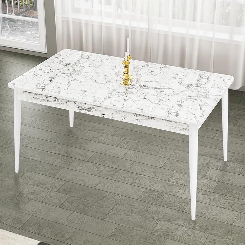 Lav Serisi 80x130 Sabit Beyaz Mermer Desen Masa Takımı Ve 4 Sandalye
