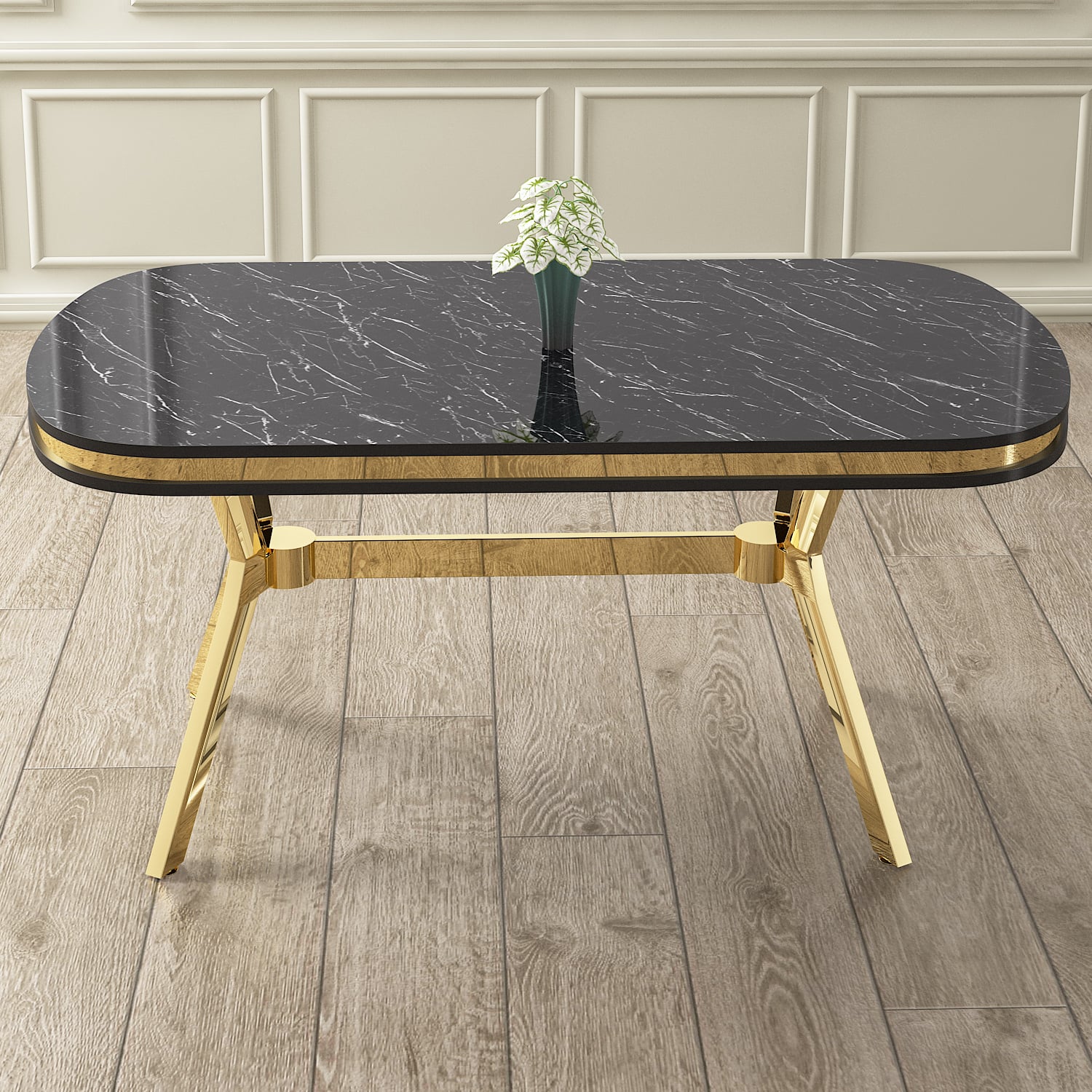 Epal Serisi 90x168 Lak Panel Sonata Masa ve 6 Sandalye Gold Kaplama Ayak