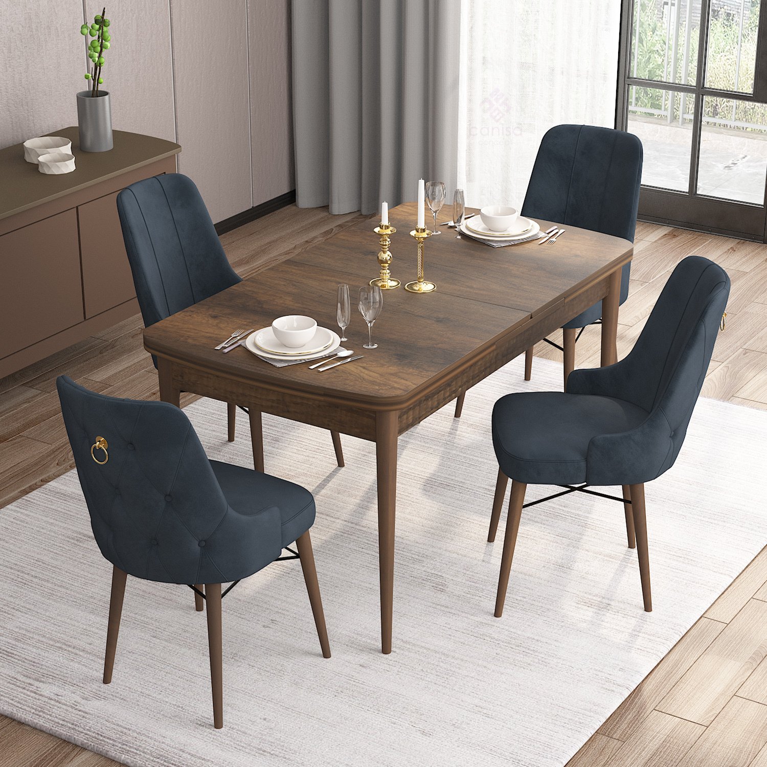 Are Serisi 80x132 Mdf Açılabilir Gold Halka Barok Ahşap Desen Masa Takımı Ve 4 Sandalye
