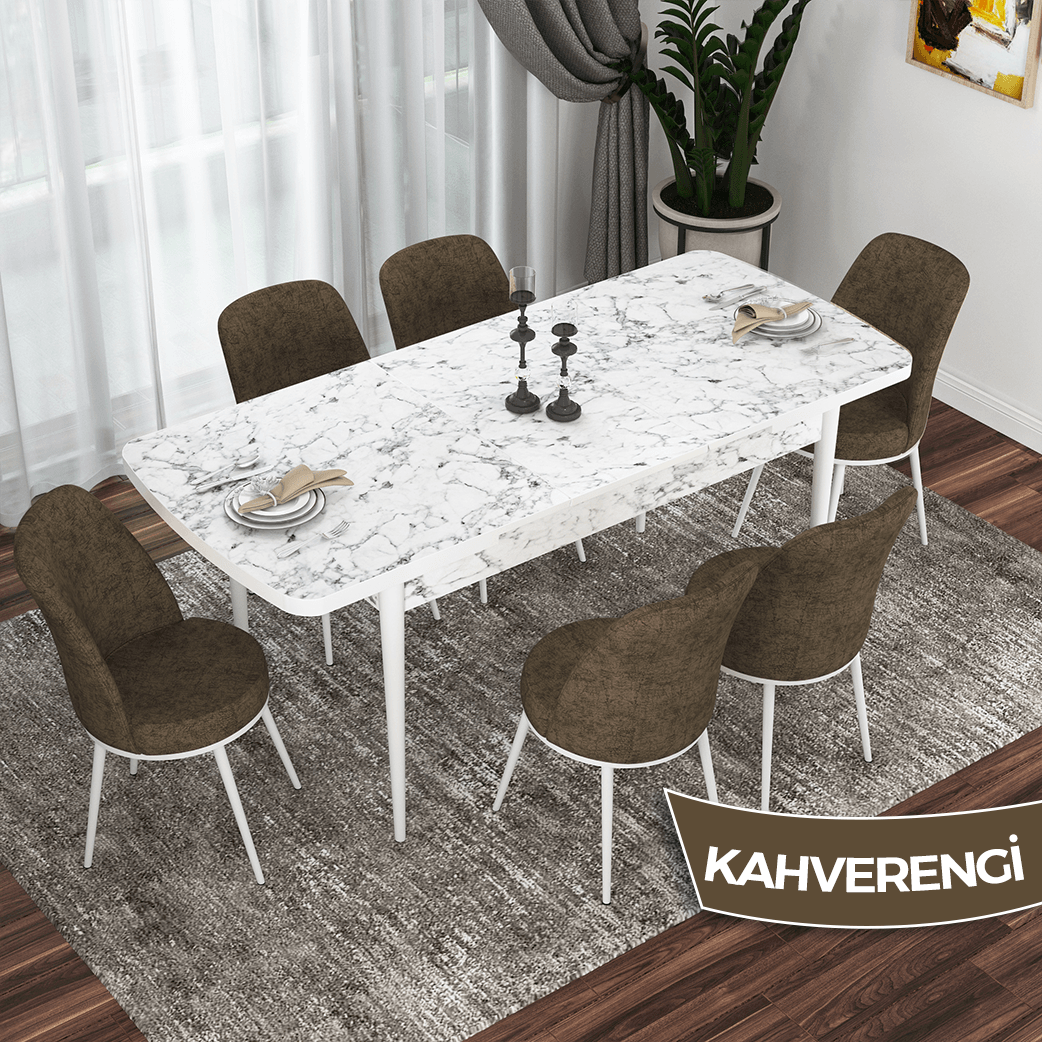 Kor Serisi 70x114 Beyaz Mermer Desen Mutfak Masası Takımı ve 6 Sandalye