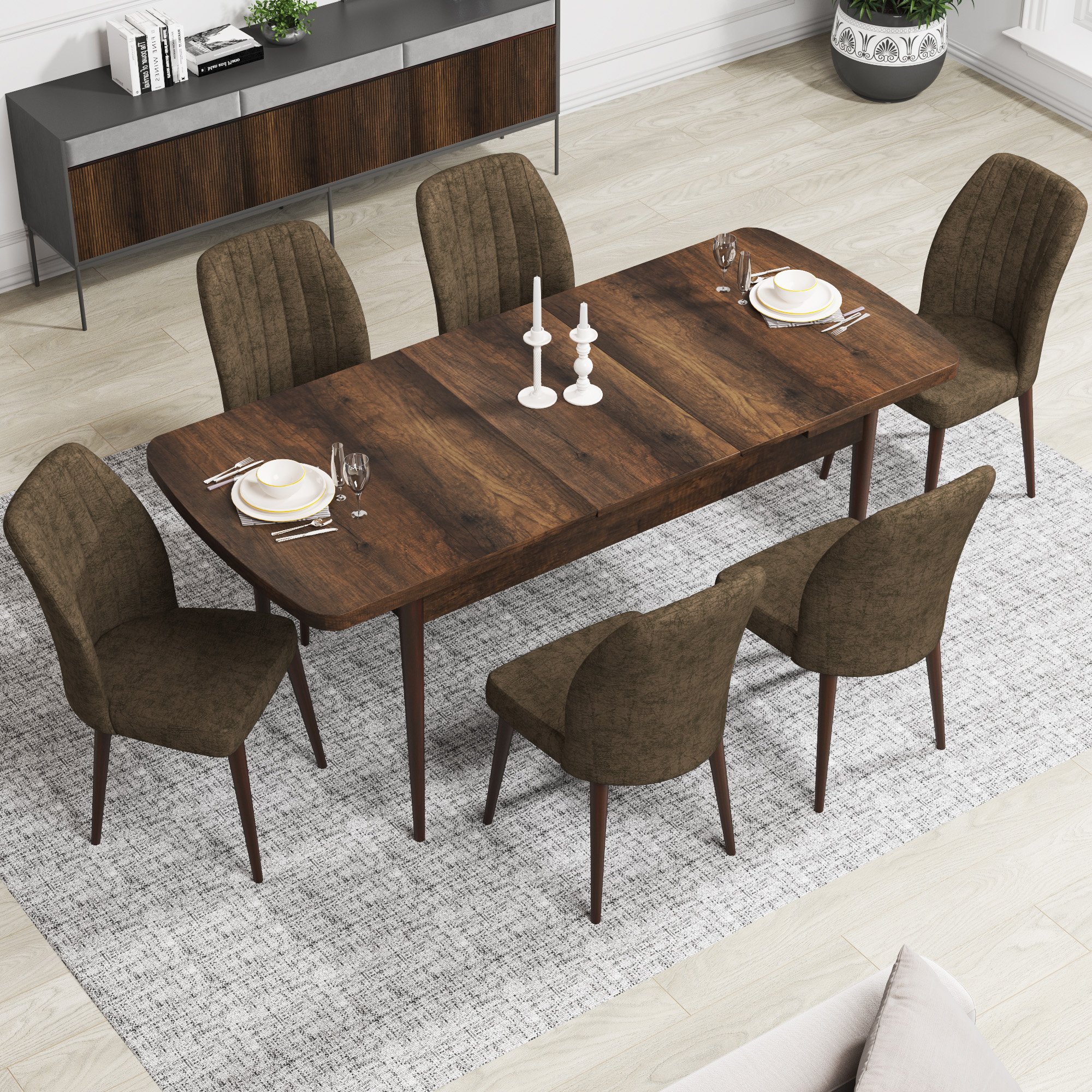 Rio Serisi 80x132 Mdf Açılabilir Barok Ahşap Desen Masa Takımı Ve 6 Sandalye