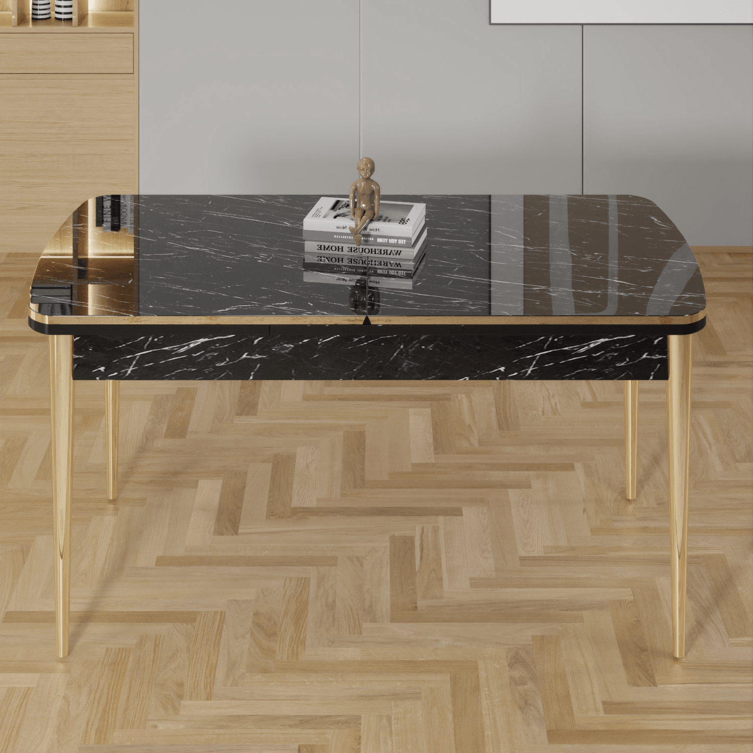 Rada Serisi 80x132 Açılabilir Lak Panel Siyah Mermer Desen Masa 4 Sandalye Gold Detay
