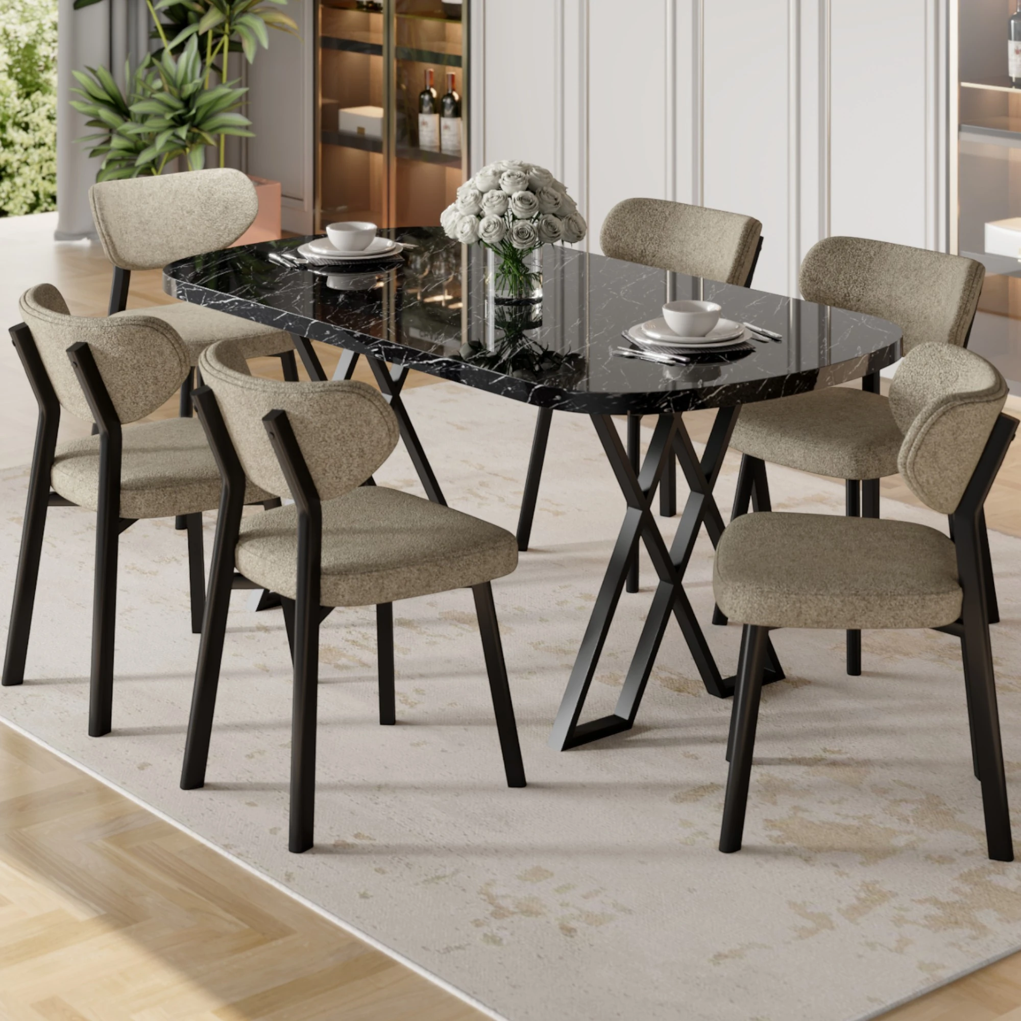 Axton Serisi Sabit Mdf 90x168 Siyah Mermer Desen Mutfak Masa Takımı 6 Sandalye