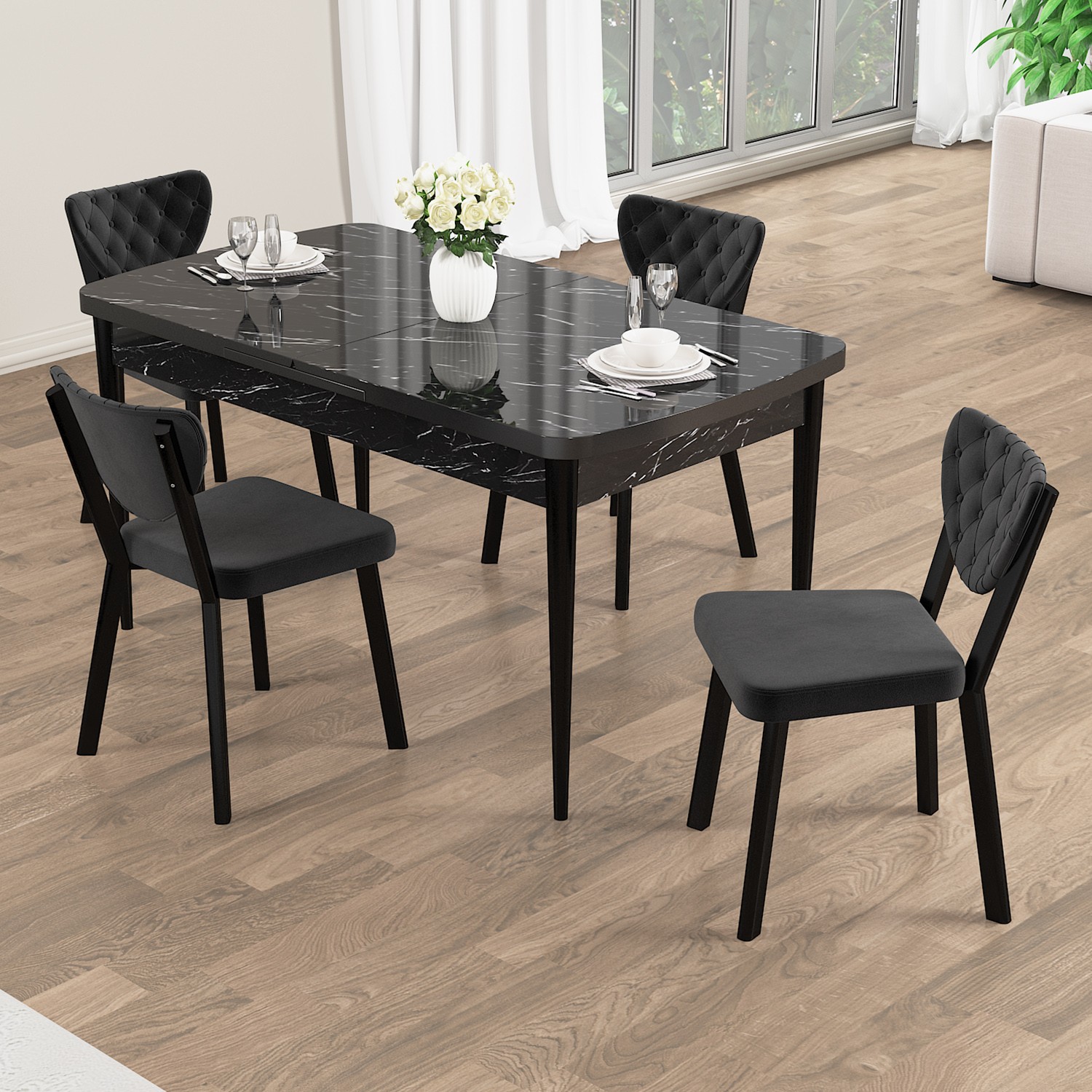 Rim Serisi 80x132 Açılabilir Siyah Mermer Desen Mutfak Masası Takımı Ve 4 Sandalye