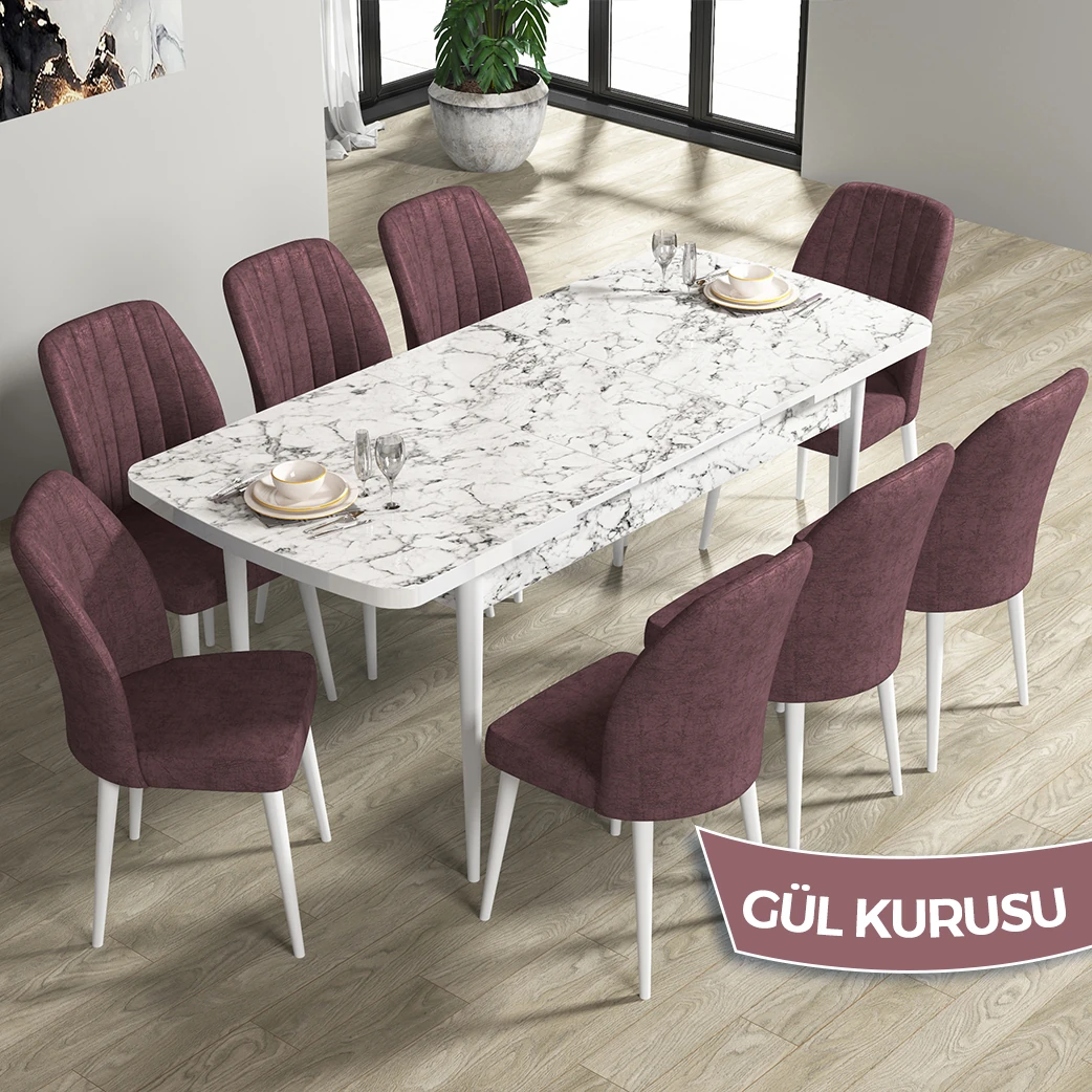 Beyaz Mermer Desen Masa Gülkurusu Renk Sandalye