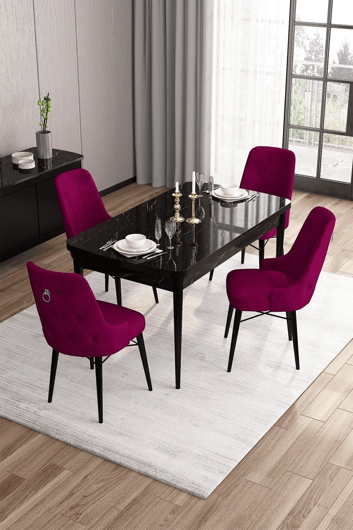 Are Serisi 80x132 Mdf Açılabilir Gümüş Halka Siyah Mermer Desen Masa Takımı Ve 4 Sandalye