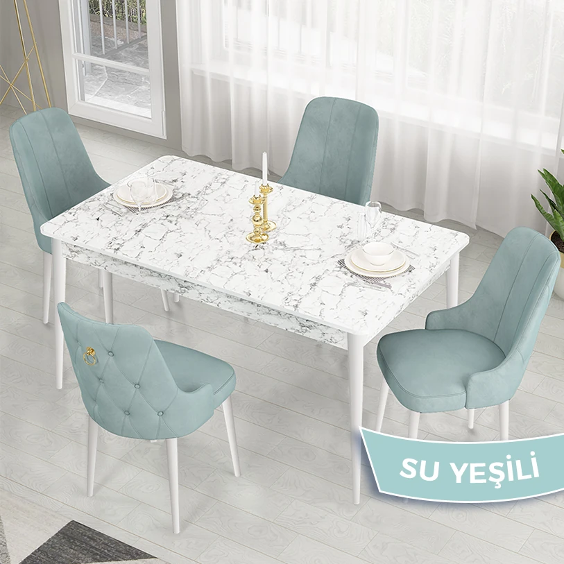 beyaz mermer masa,su yeşi̇li̇ sandalye