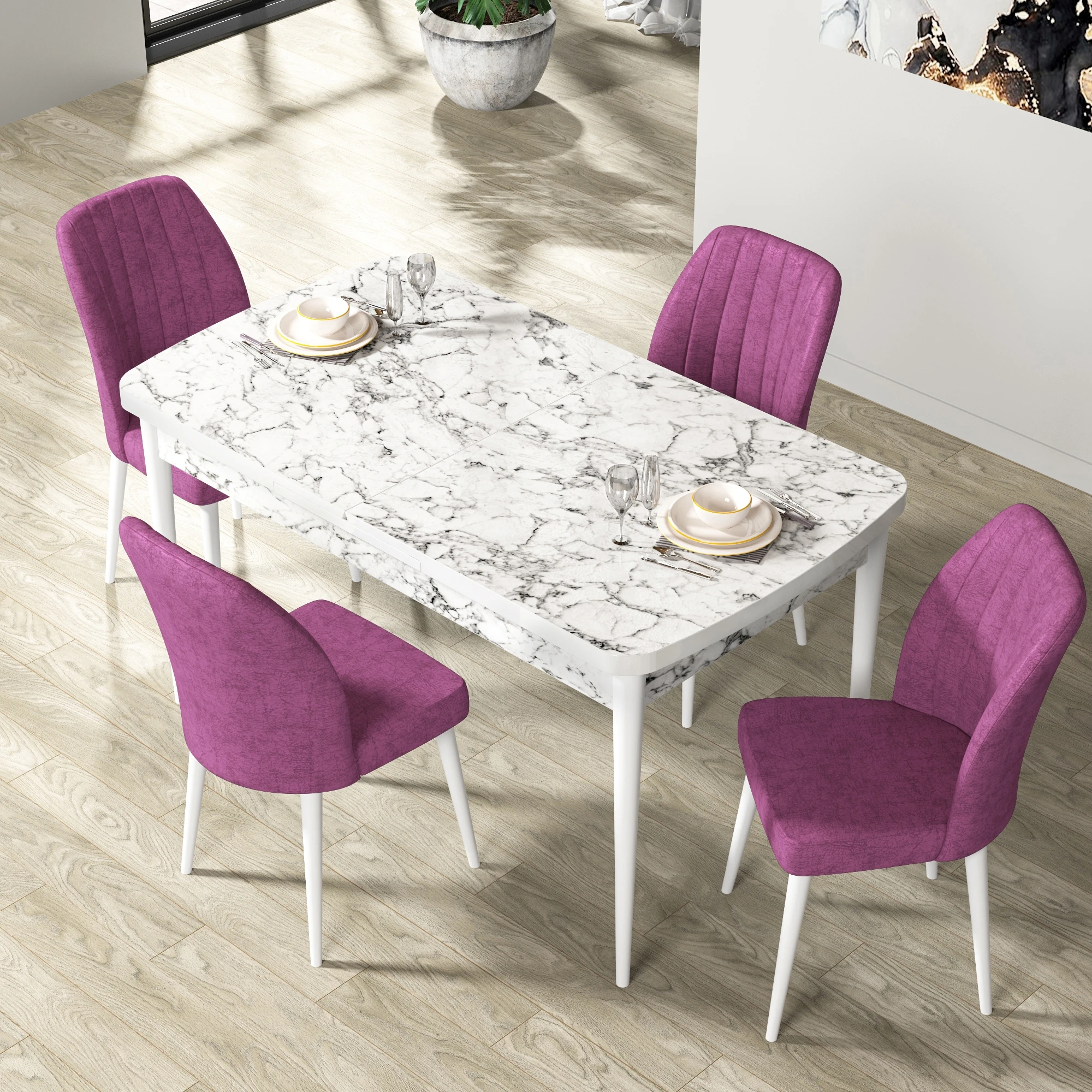 masa beyaz mermer sandalyeler mor