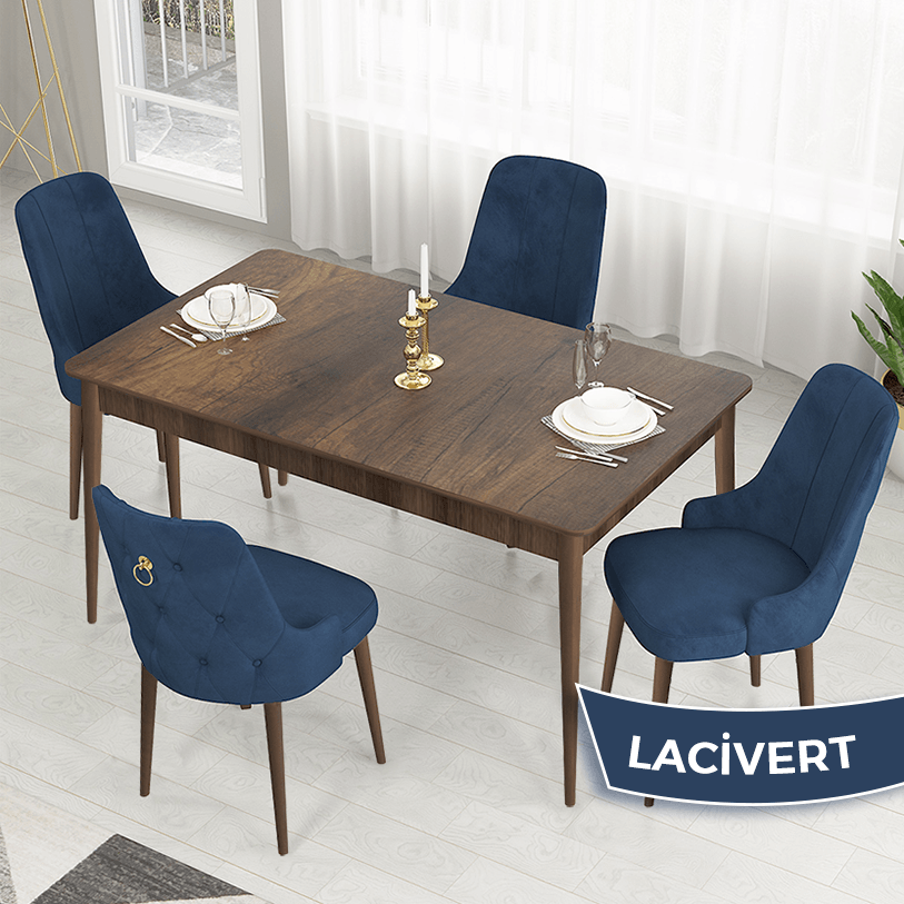 Lacivert Sandalye Barok Ahşap Desen Masa