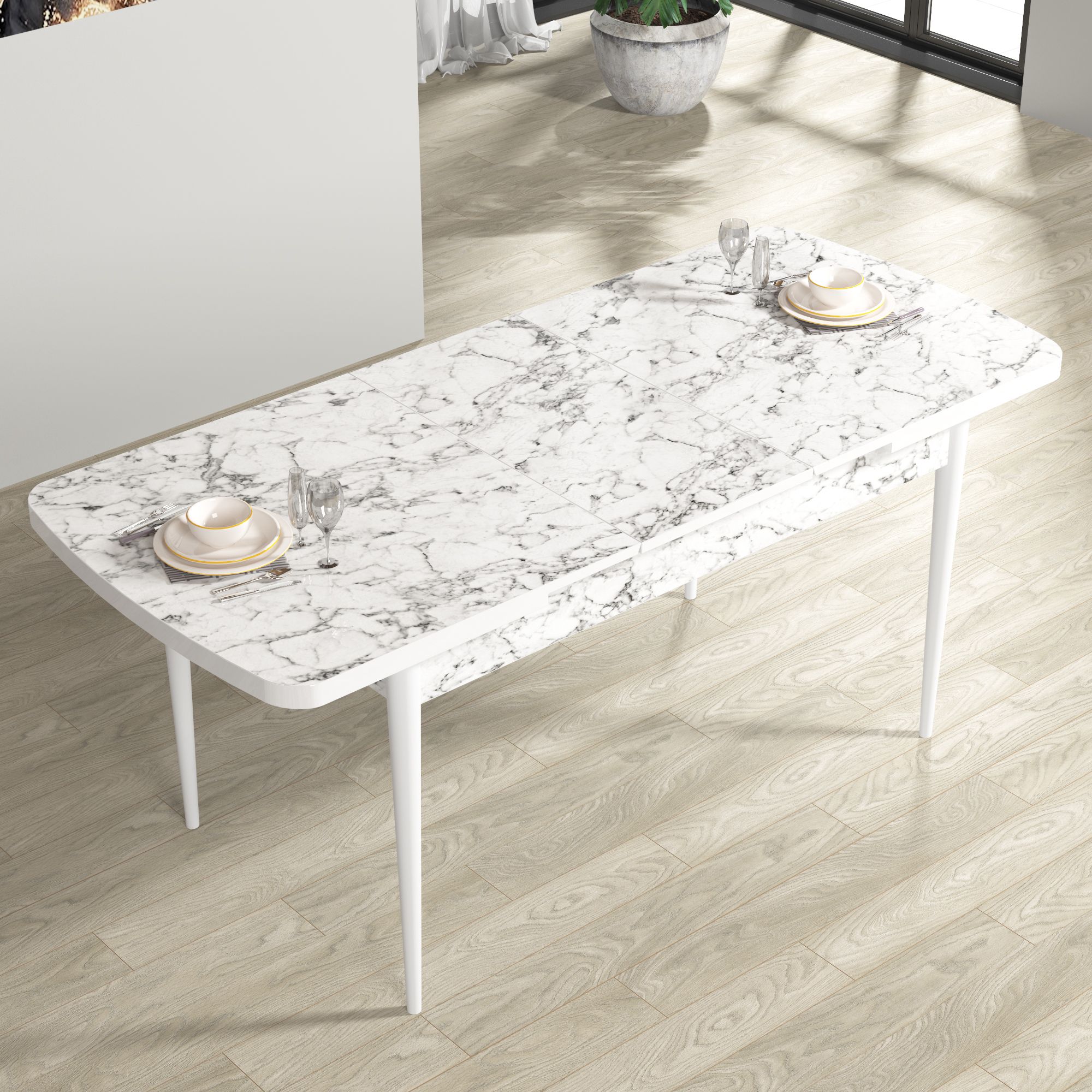 Rio Serisi 80x132 Mdf Açılabilir Beyaz Mermer Desen Masa Takımı Ve 4 Sandalye