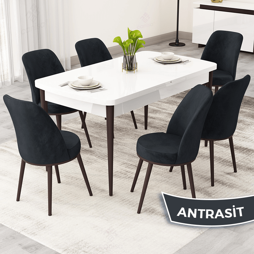 Rax Serisi 80x132 Açılabilir Beyaz Masa Takımı ve 6 Sandalye