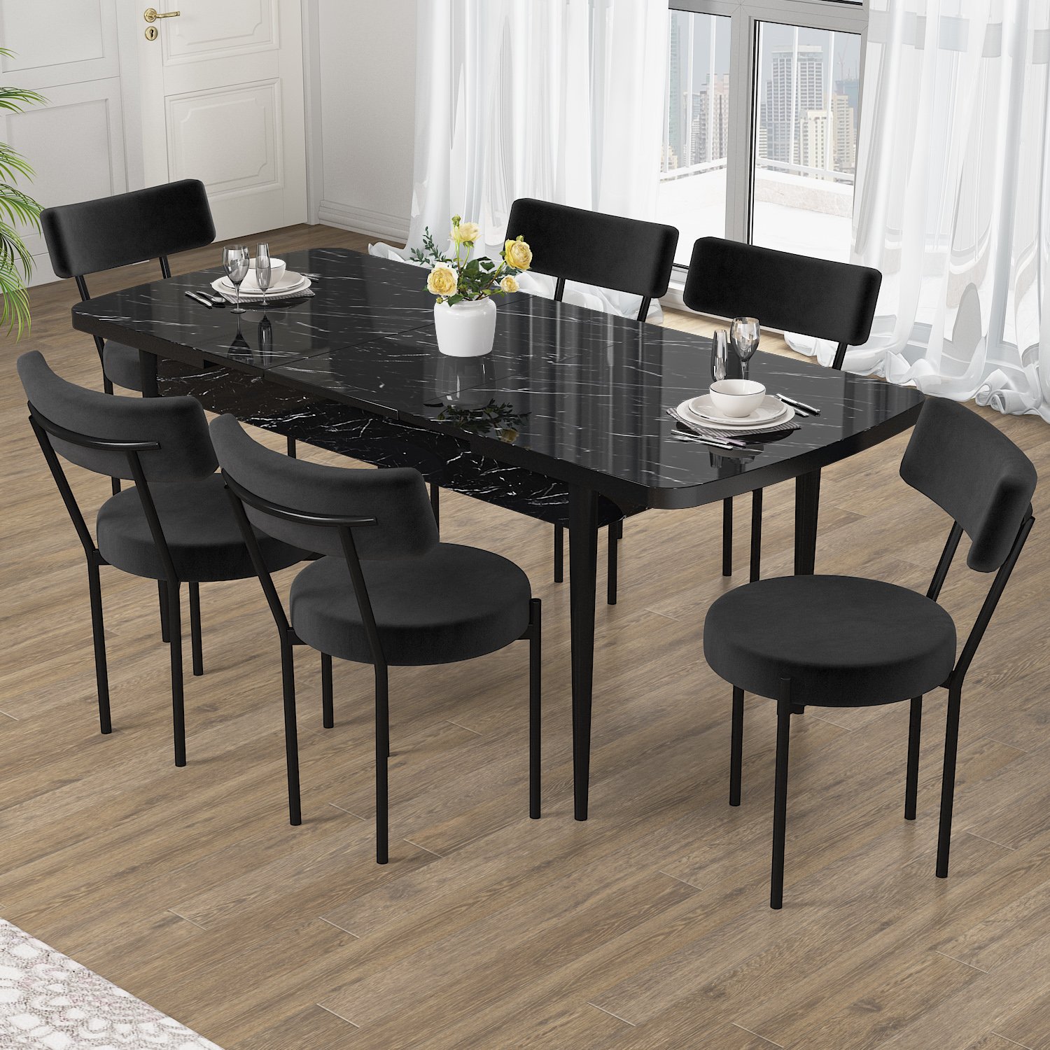 Puka Serisi 80x132 Açılabilir Siyah Mermer Desen Masa Takımı ve 6 Sandalye