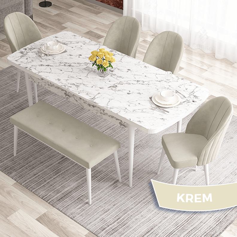 masa beyaz mermer desen sandalyeler krem