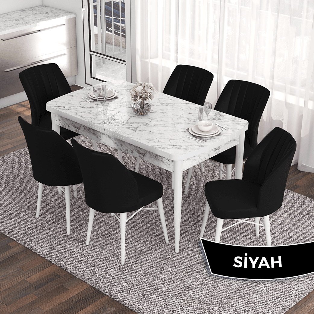 siyah sandalye beyaz mermer masaa