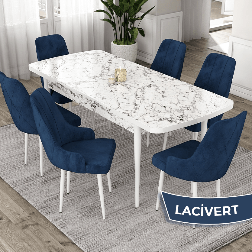 Masa Beyaz Mermer Desen Sandalye Lacivert