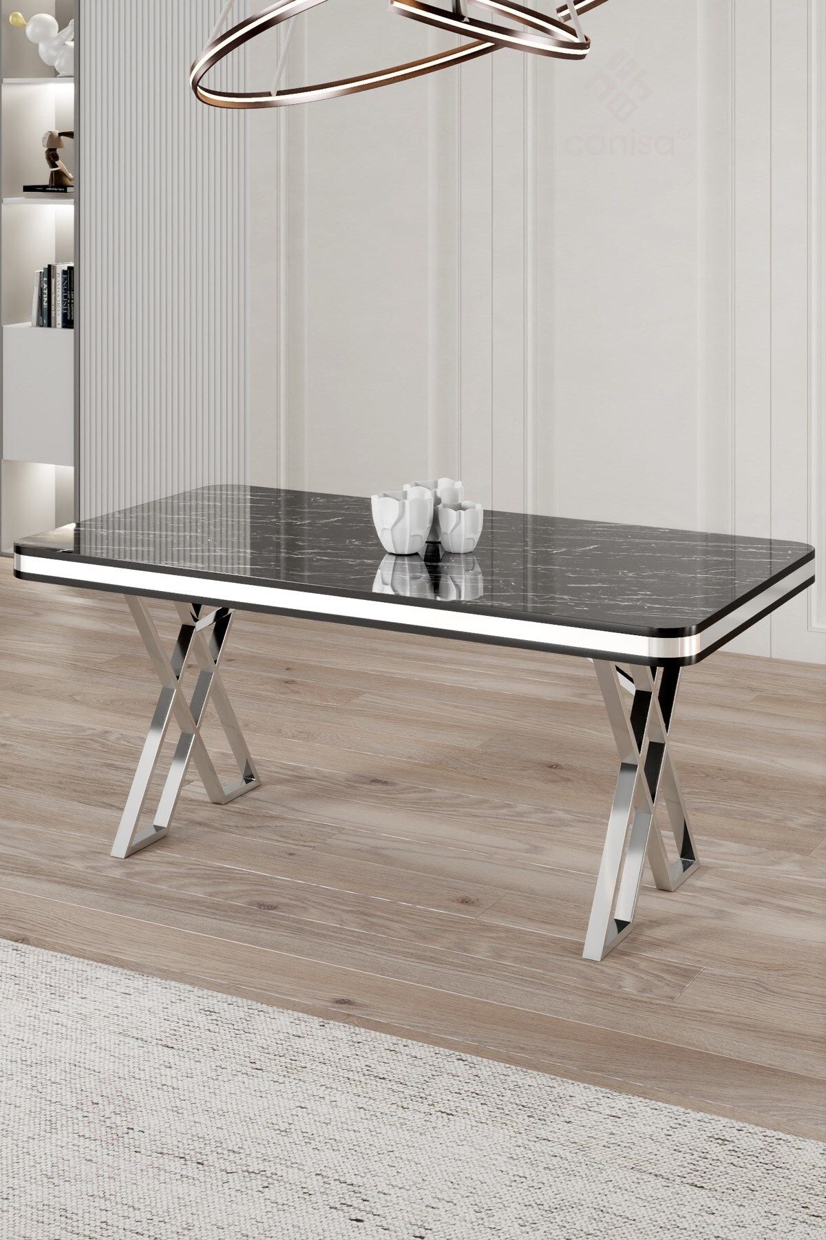 Rigel Serisi 80x130 Lak Panel Sabit Masa Siyah Mermer Desen Krom Ayaklı