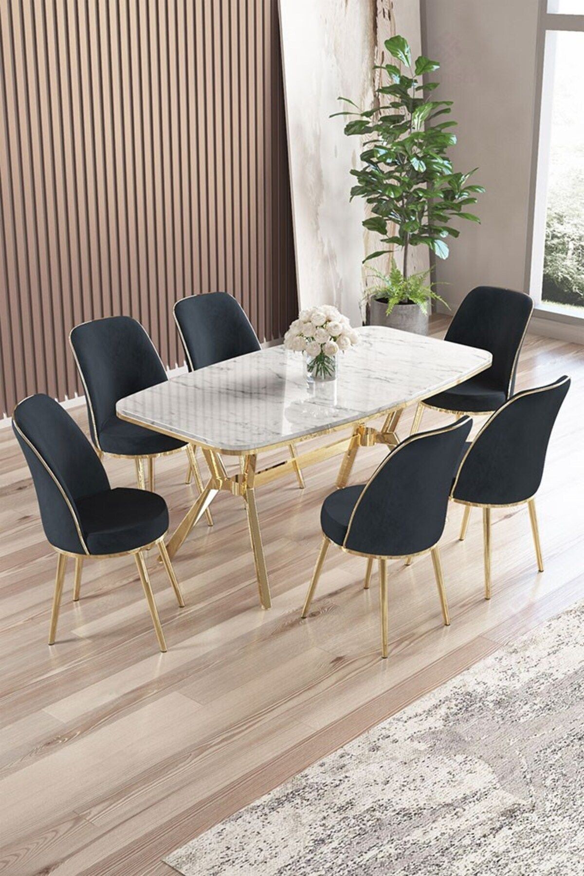 Lena Serisi 90x160 Lak Panel Beyaz Mermer Desen Masa Takımı ve 6 Sandalye Gold Kaplama Ayak