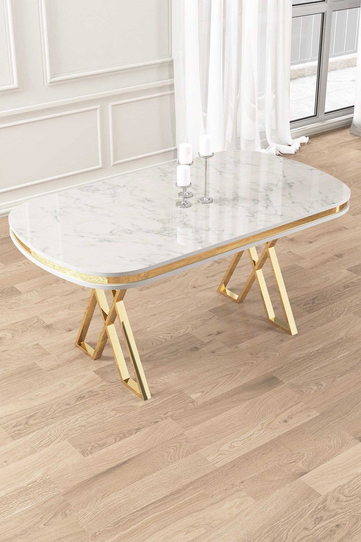 Lai Serisi 90x168 Lak Panel Sabit Gold Ayak Beyaz Mermer Desen Masa