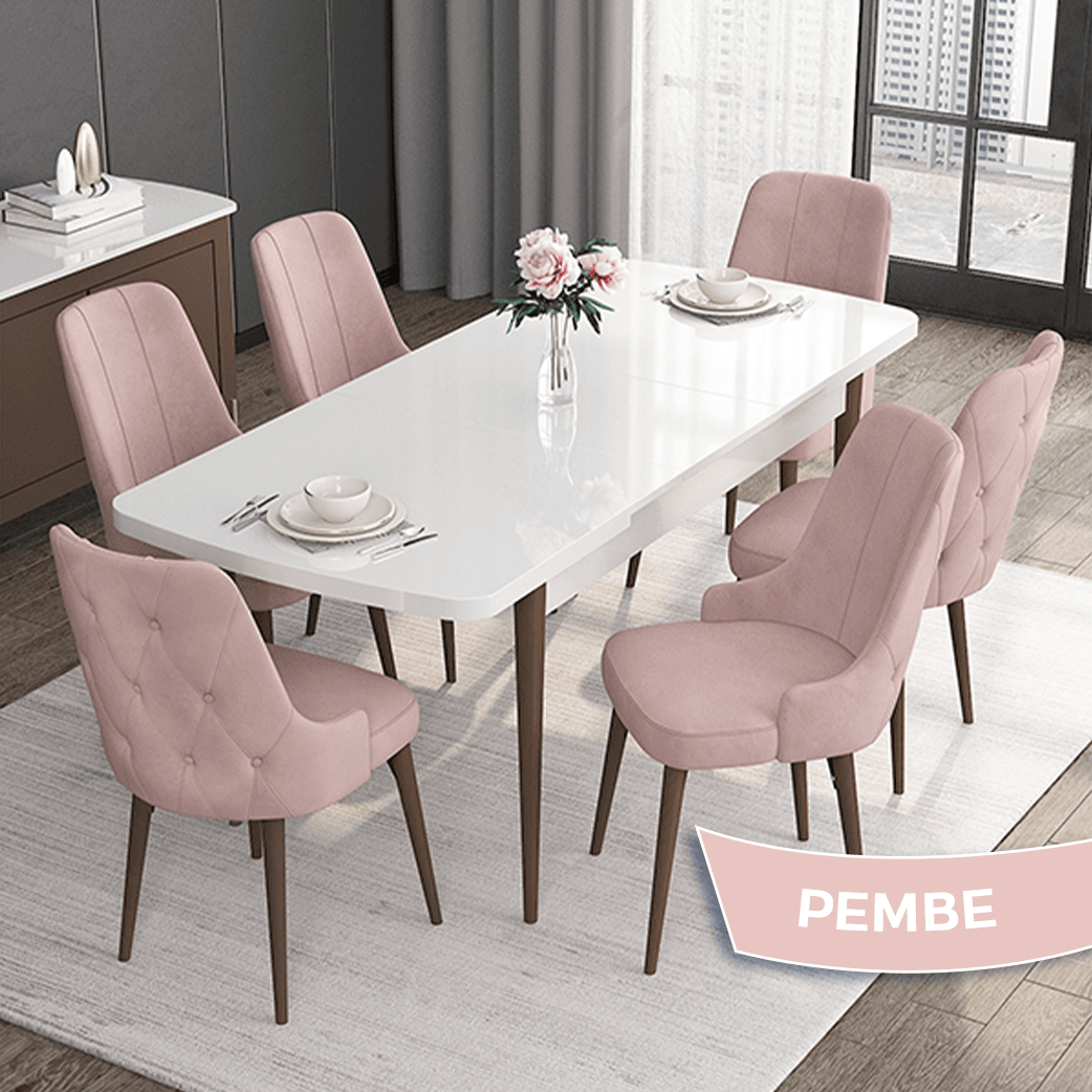 Roy Serisi 80x132 Mdf Açılabilir Beyaz Masa Ceviz Ayak Masa Takımı Ve 6 Sandalye