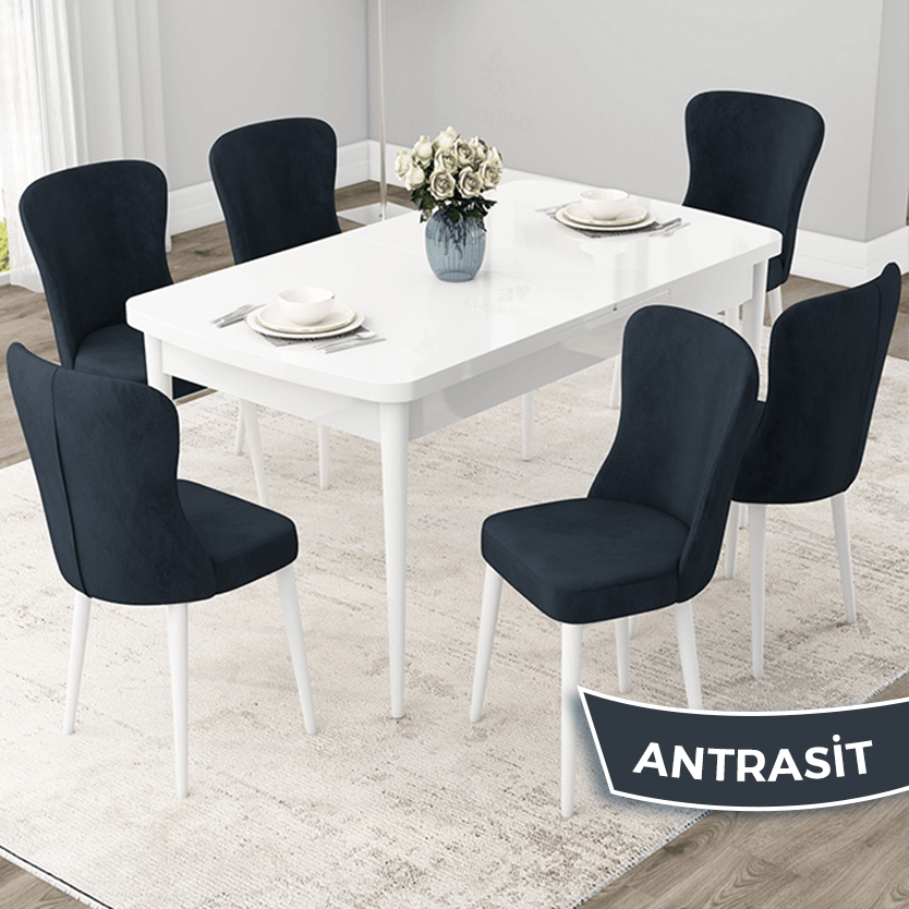 Due Serisi 80x132 Açılabilir Beyaz Masa Takımı Ve 6 Sandalye