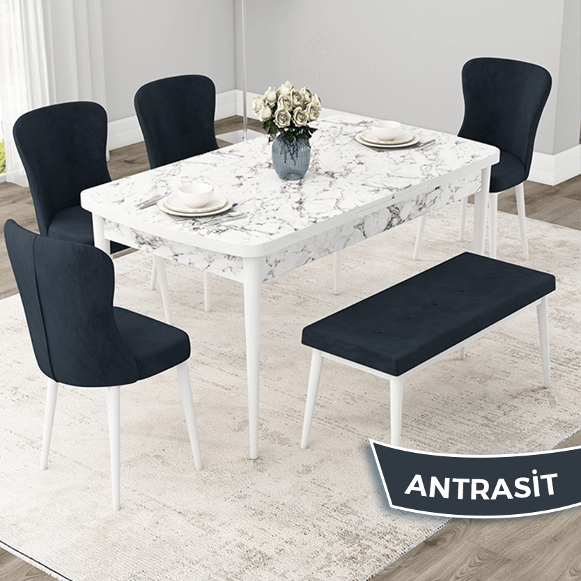 beyaz mermer desen masa antrasit sandalye