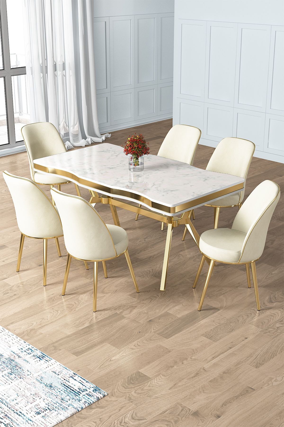 Prah Serisi 90x160 Lak Panel Beyaz Mermer Desen Masa ve 6 Sandalye Gold Kaplama Ayak
