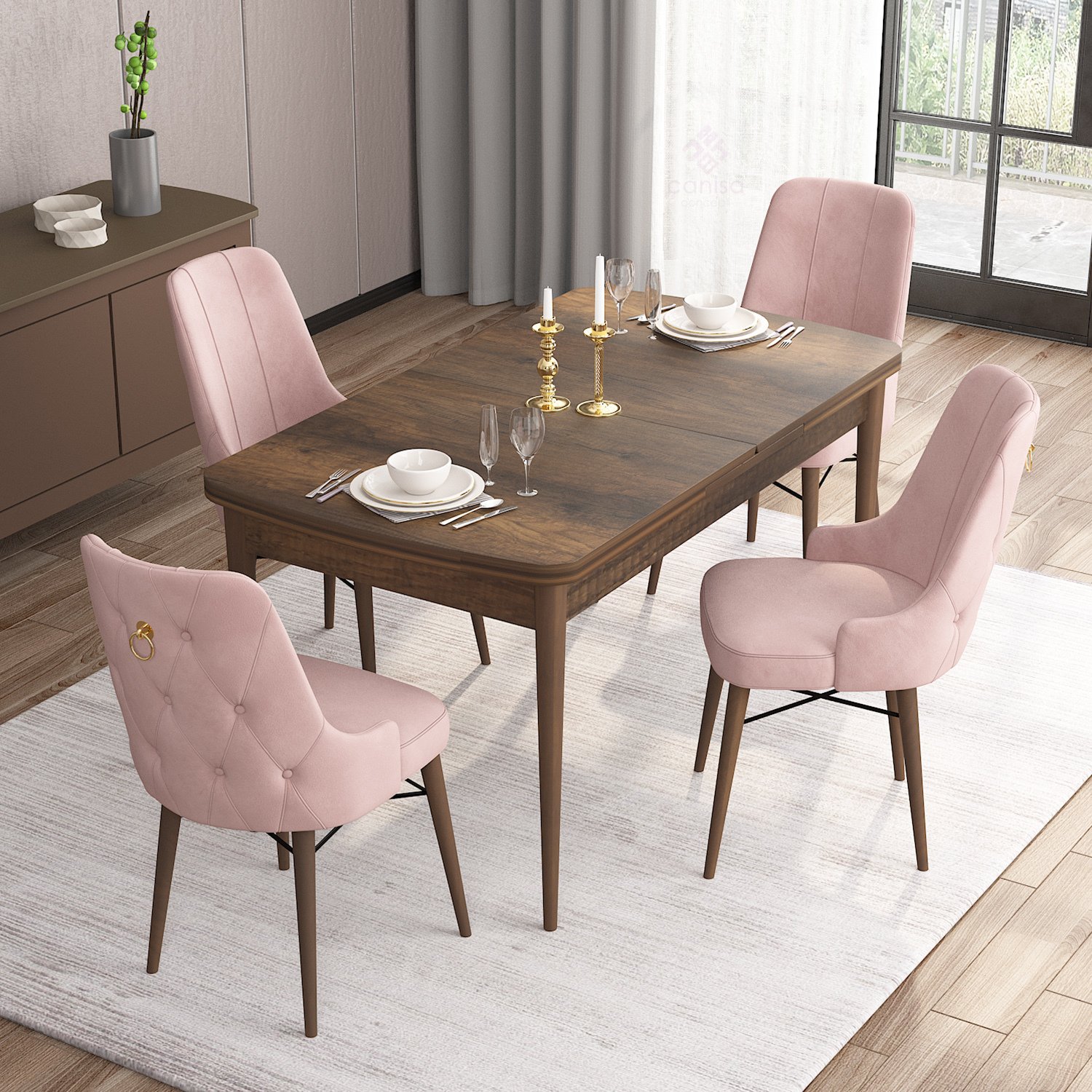 Pembe Sandalye Barok Ahşap Desen Masa