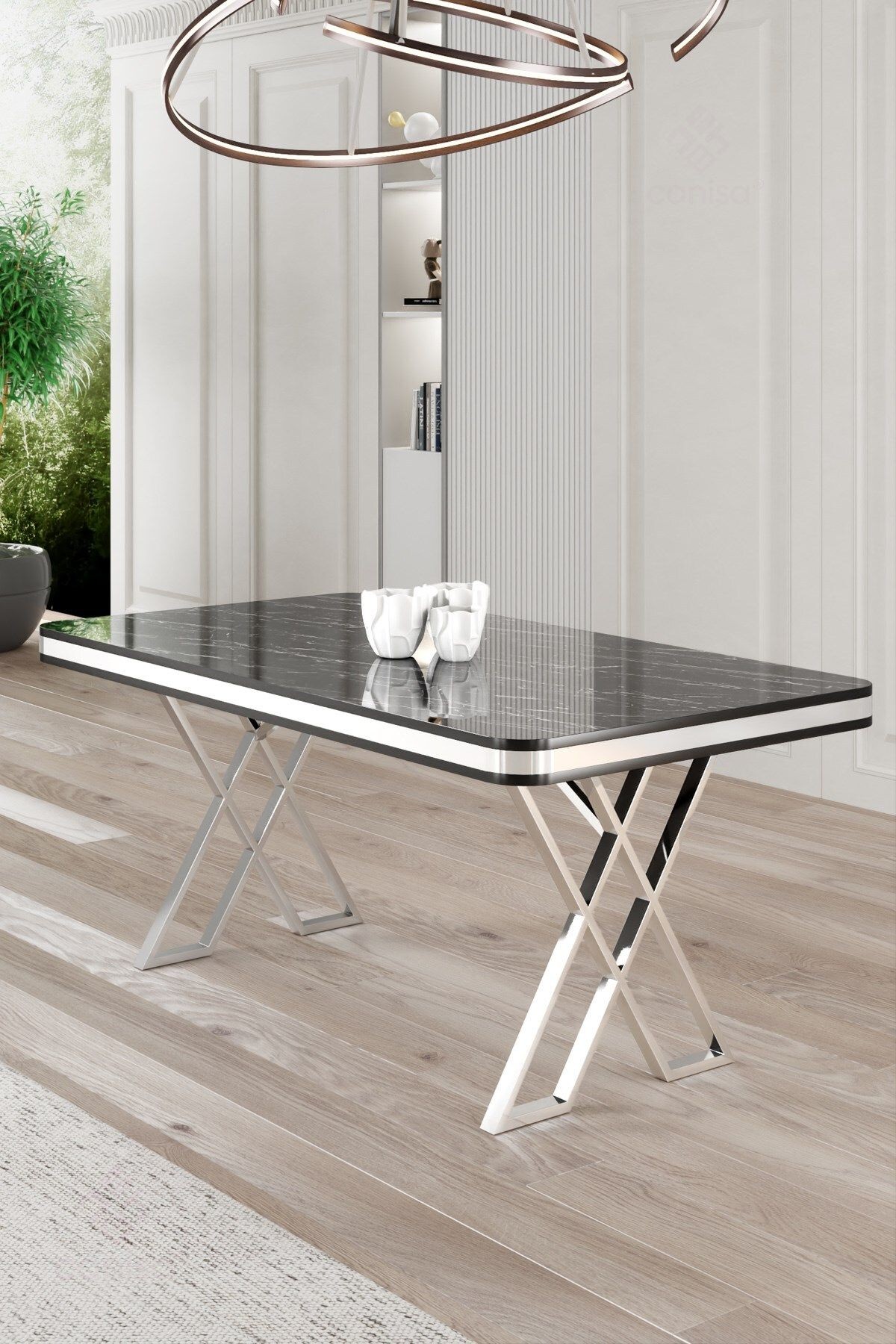 Rigel Serisi 80x130 Lak Panel Sabit Masa Siyah Mermer Desen Krom Ayaklı