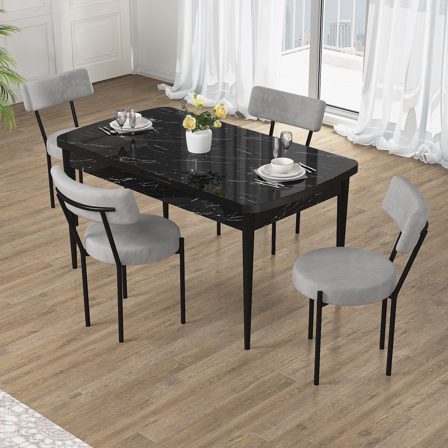 Puka Serisi 80x132 Açılabilir Siyah Mermer Desen Masa Takımı ve 4 Sandalye