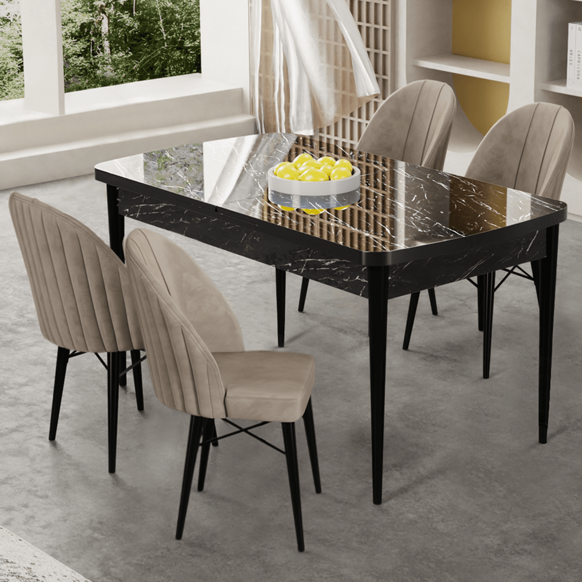 Siyah Mermer Desen Masa Cappucino Sandalye
