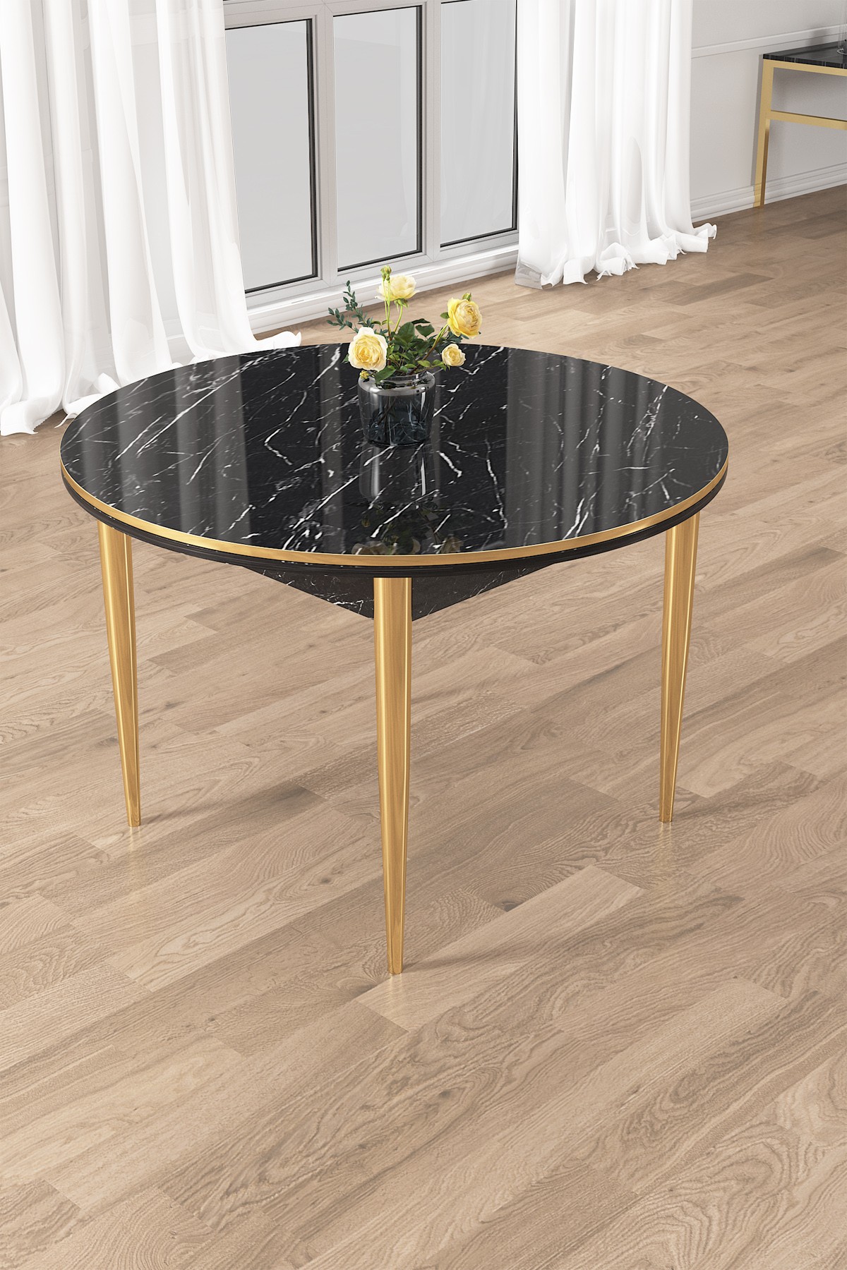 Osle Serisi 90x90 Sabit Yuvarlak Gold Ayak Siyah Mermer Desen Masa Takımı Ve 4 Sandalye