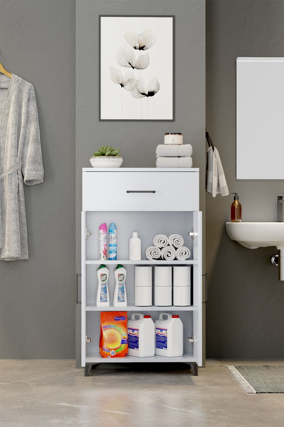Matex Beyaz Çok Amaçlı Çekmeceli Siyah Dekoratif Kulplu Banyo Dolabı