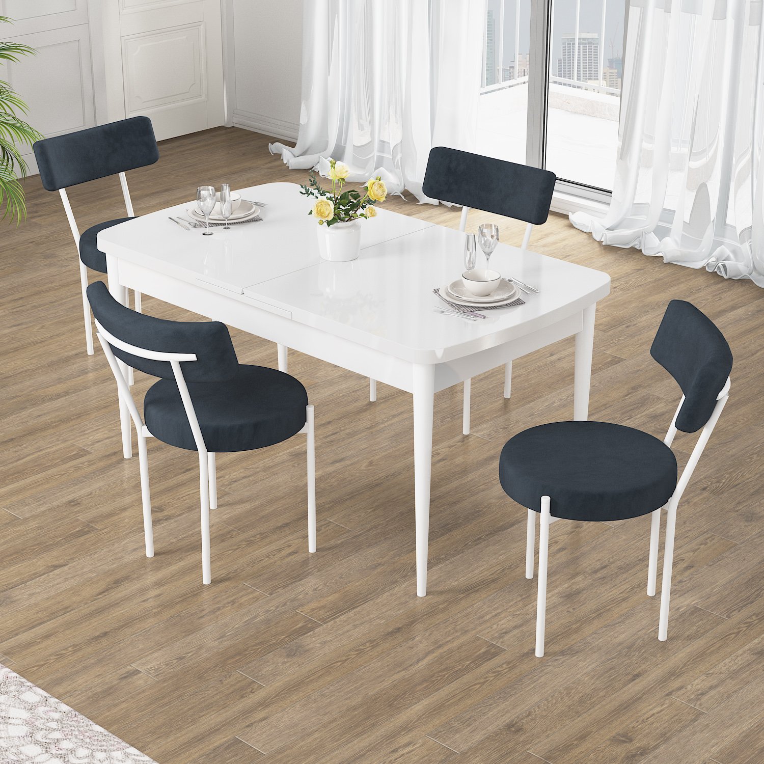 Puka Serisi 80x132 Açılabilir Beyaz Masa Takımı ve 4 Sandalye
