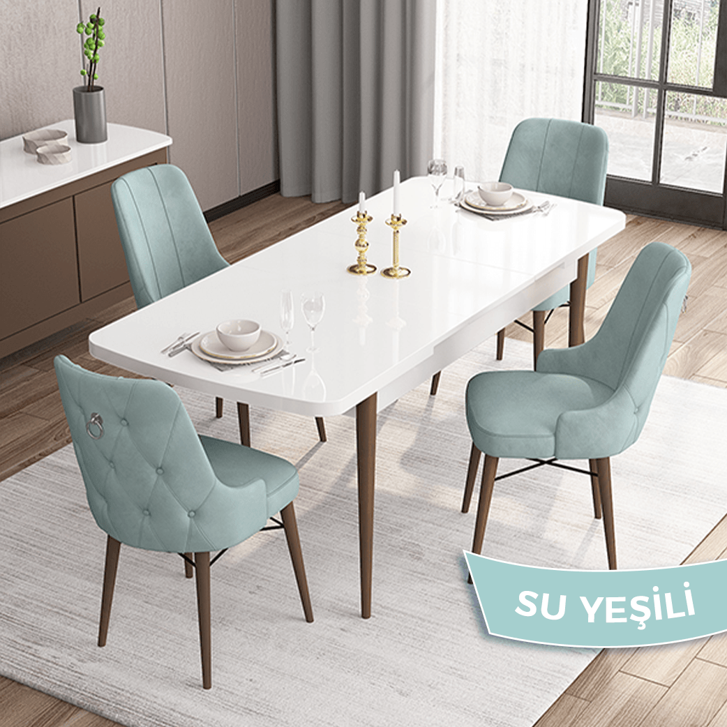 Are Serisi 80x132 Mdf Açılabilir Gümüş Halka Beyaz Masa Ceviz Ayak Masa Takımı Ve 4 Sandalye