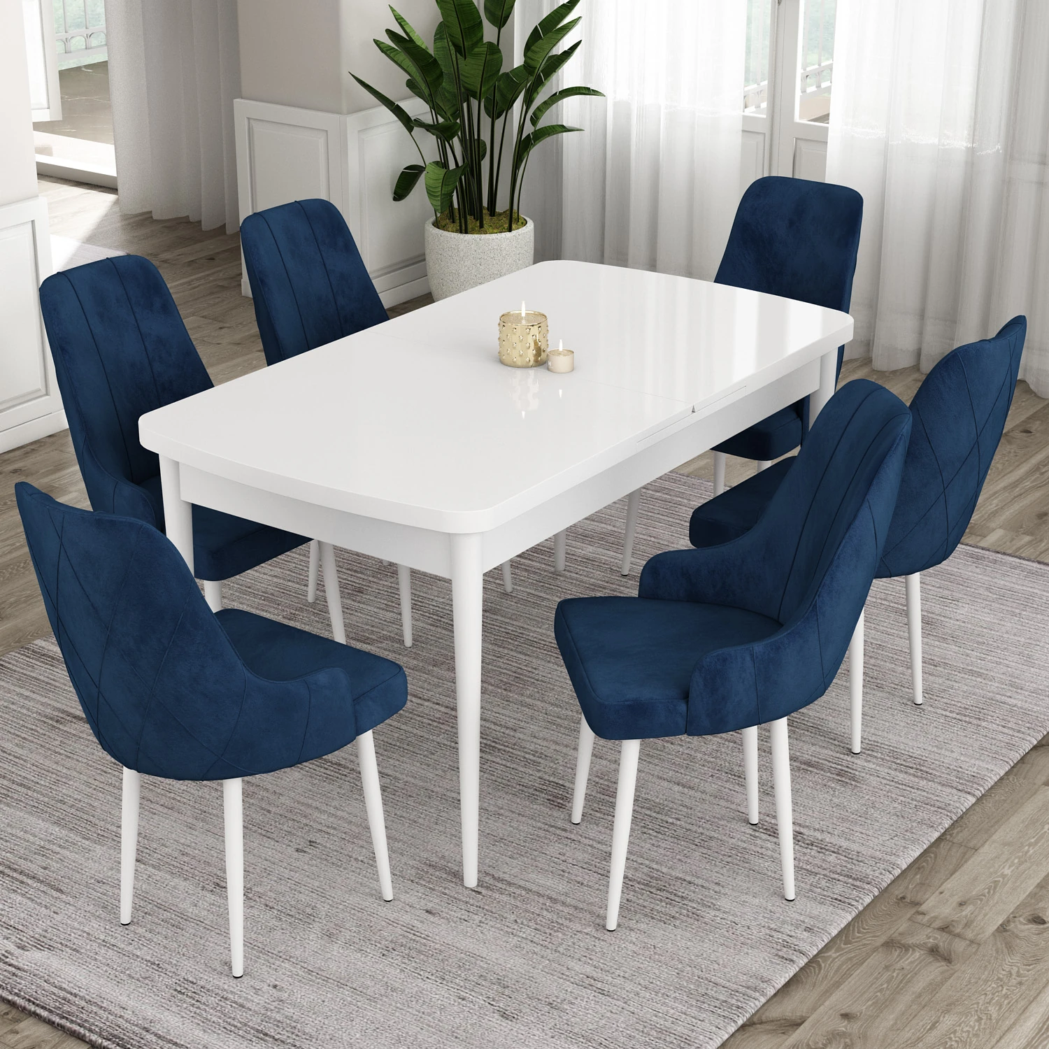 beyaz masa sandalye lacivert