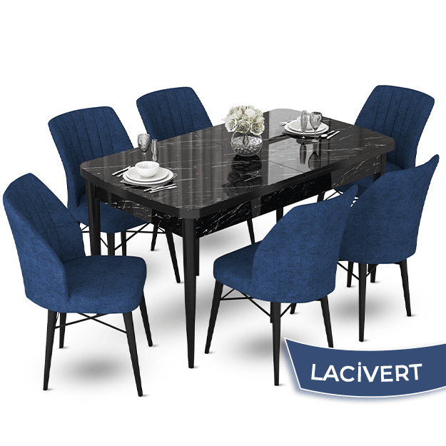 Siyah Mermer Desen Masa Lacivert Sandalye