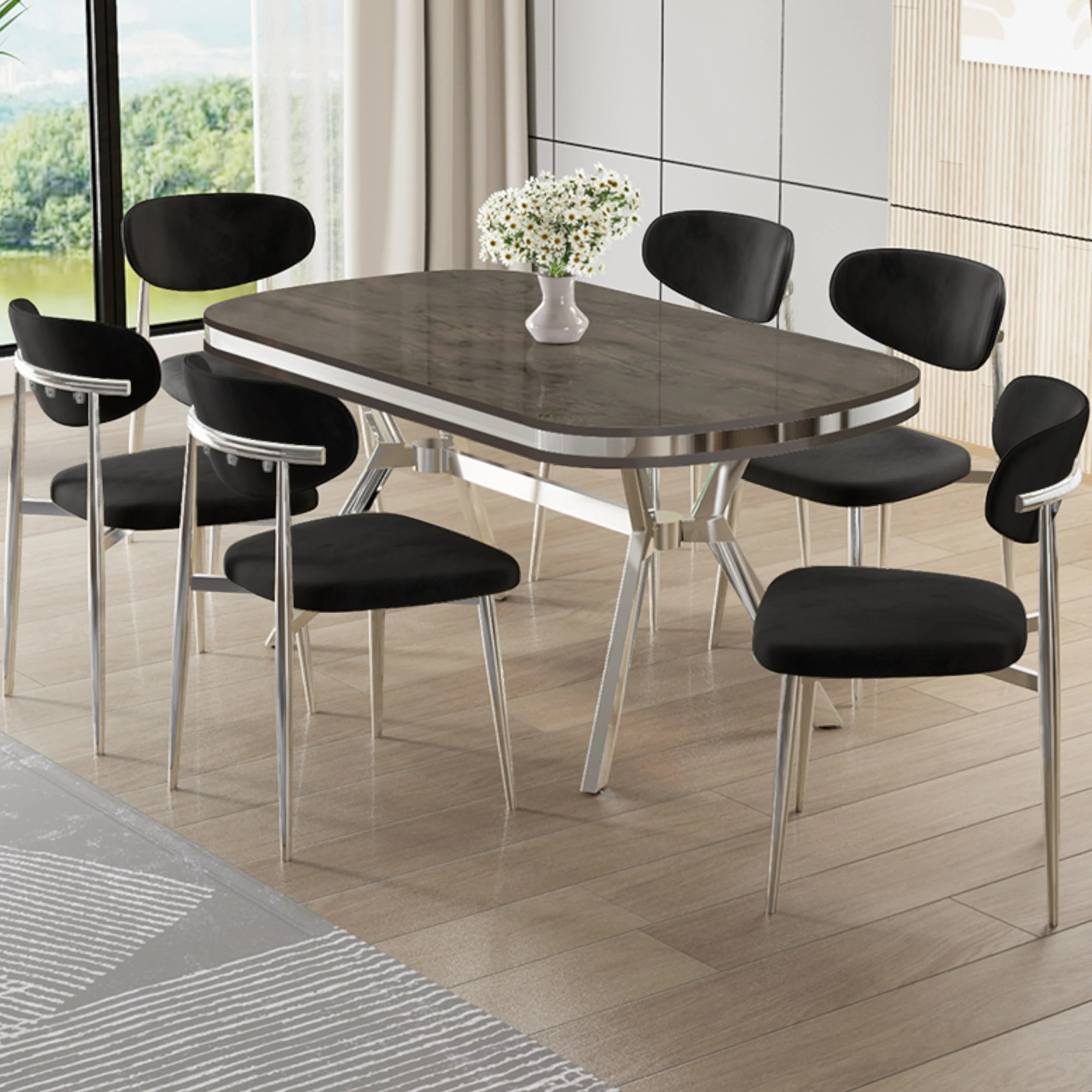 Antrasit İroni Masa Siyah Sandalye Krom Ayak.