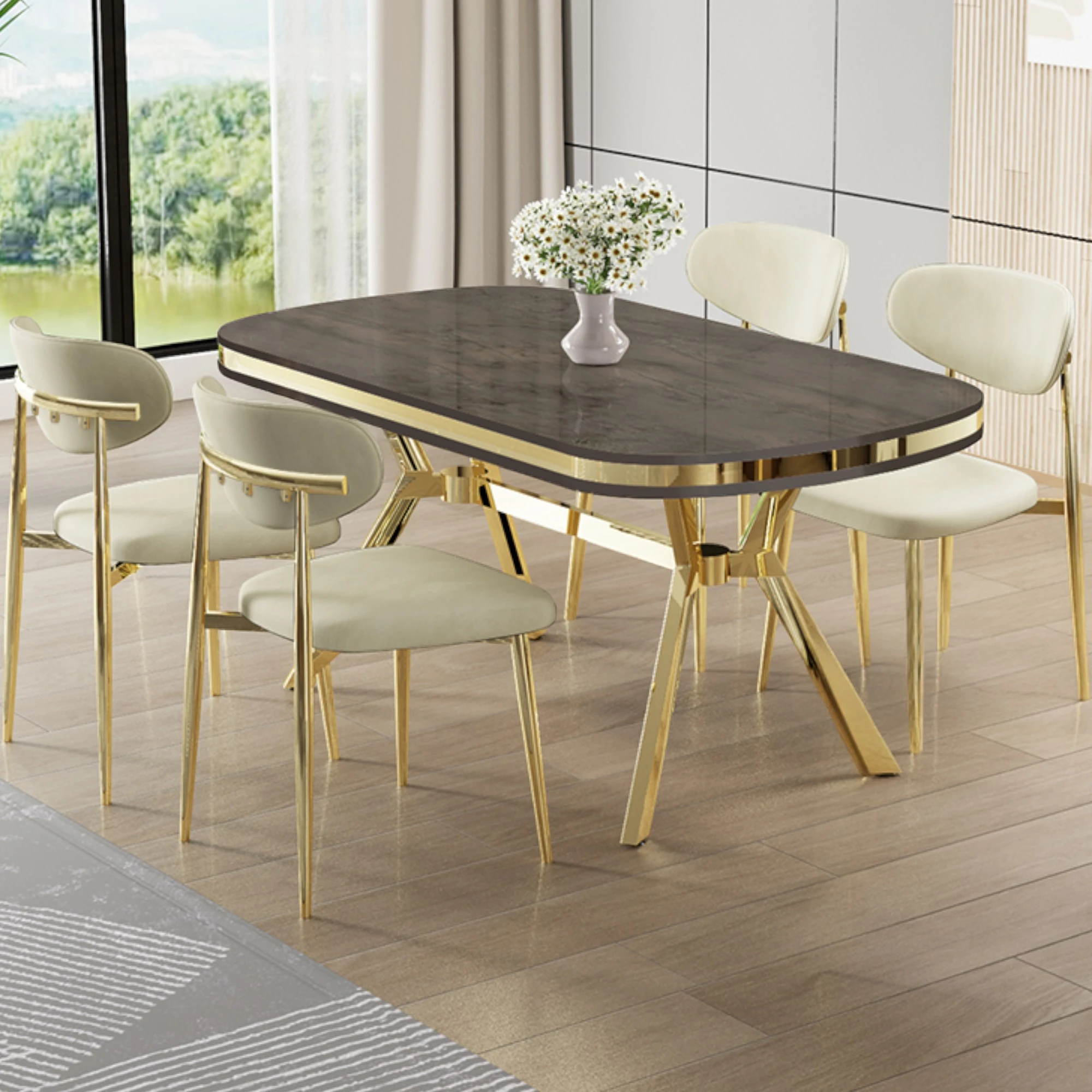 Antrasit İroni Masa Krem Sandalye Gold Ayak