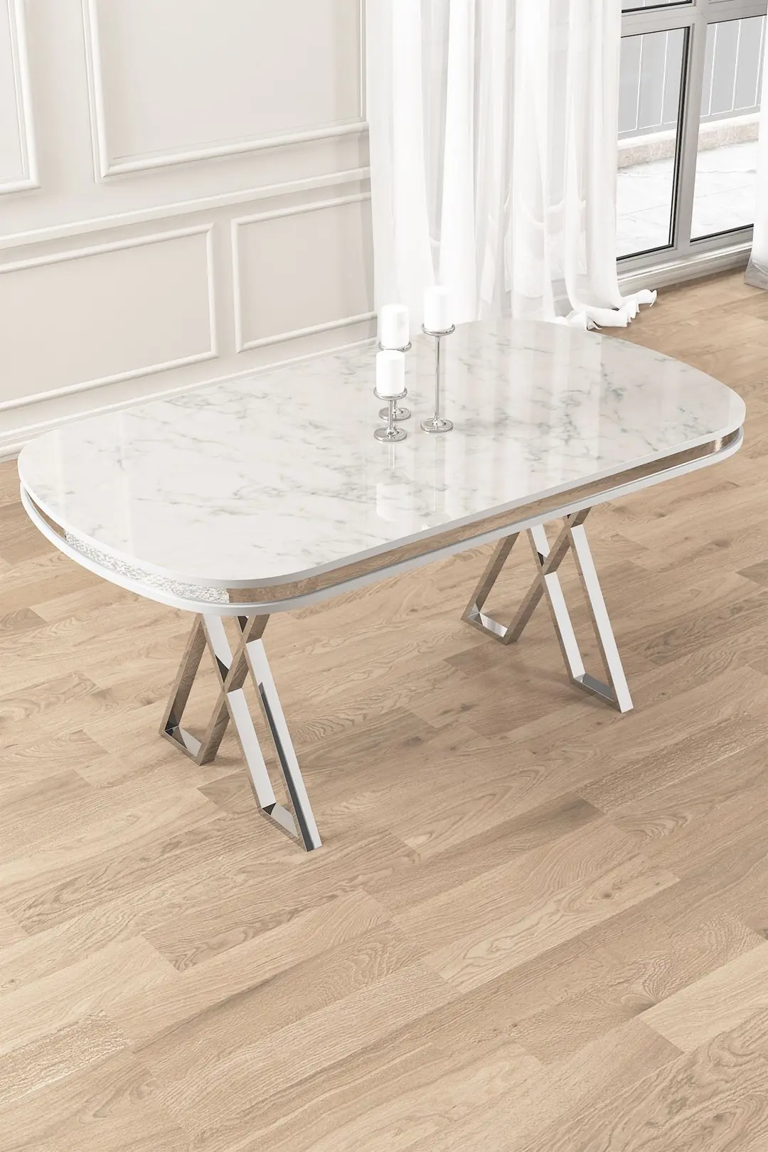 Lai Serisi 90x168 Lak Panel Beyaz Mermer Desen Masa ve 6 Sandalye