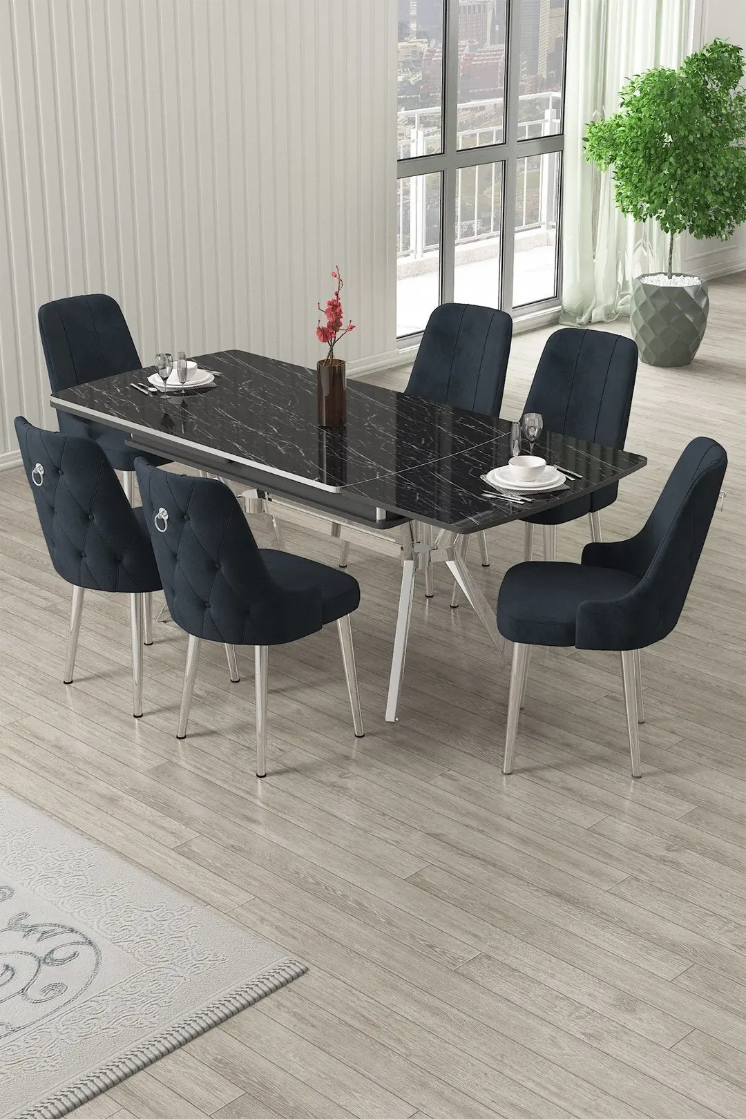 Nis Serisi 89x150 Açılabilir Lak Panel Sonata Masa ve 6 Sandalye