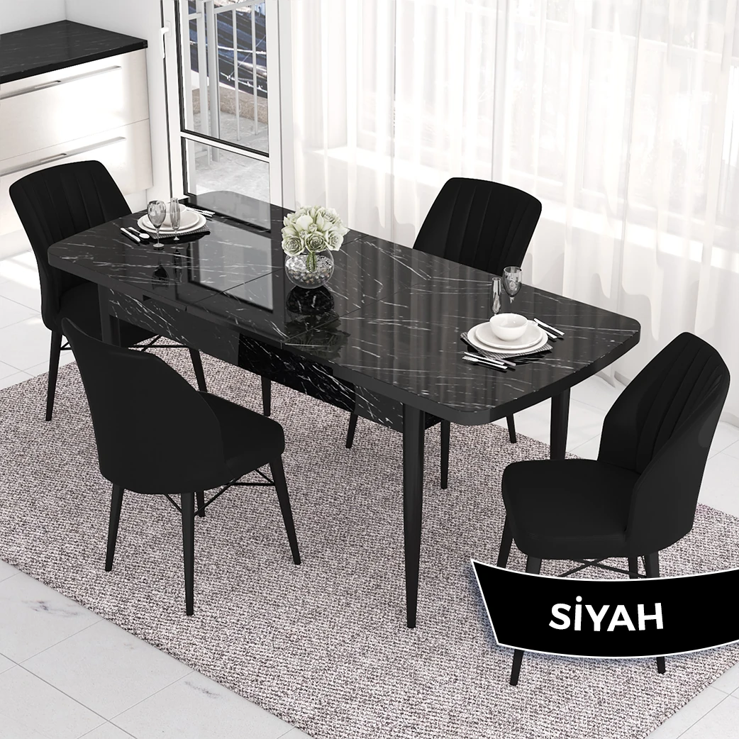 Eva Serisi 80x132 Açılabilir Mdf Siyah Mermer Desen Masa Takımı Ve 4 Sandalye