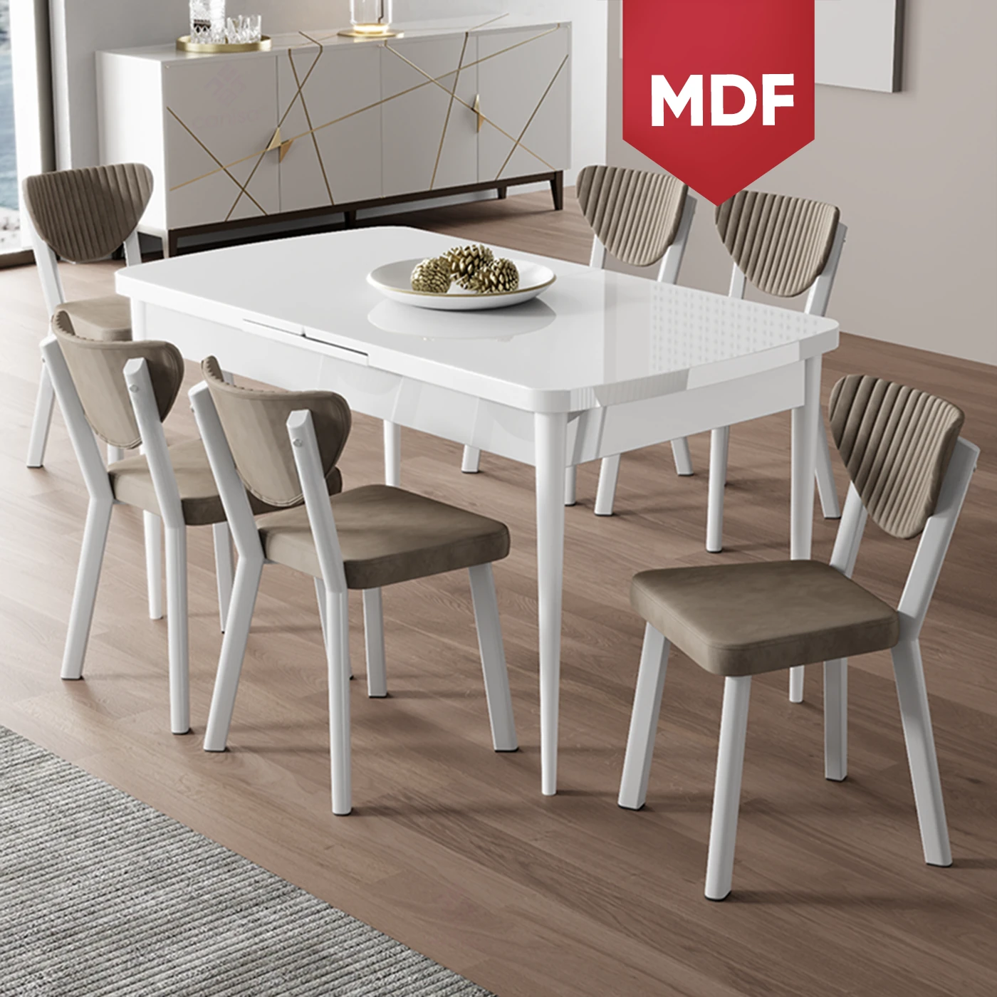 Exve Serisi 80x132 Açılabilir MDF Beyaz Masa Takımı ve 6 Sandalye