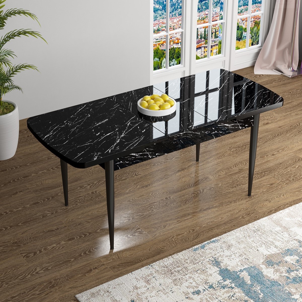 Han Serisi, 70x114 Açılabilir Mdf Yemek Masası, Siyah Mermer Desen Masa
