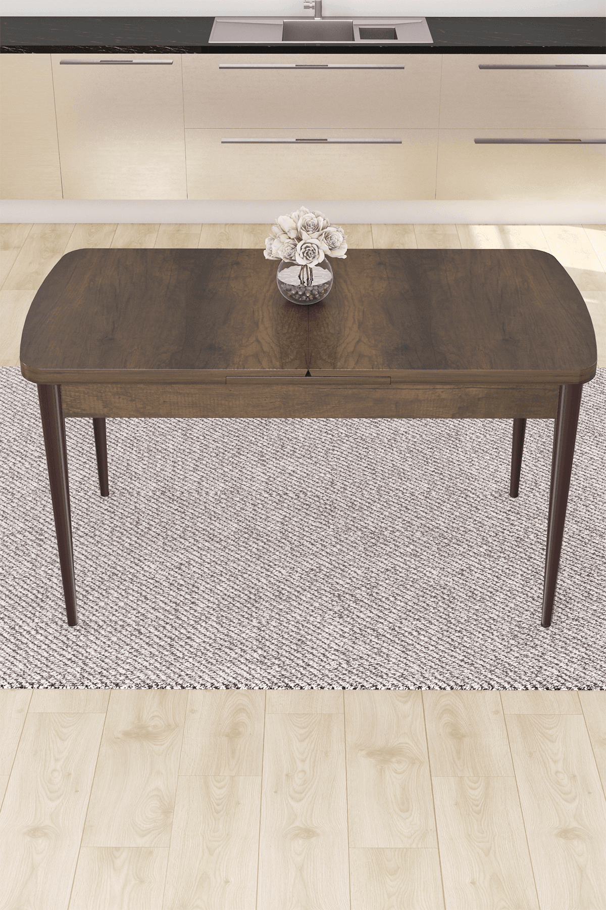 Nex Serisi 80x132 Mdf Açılabilir Gümüş Halka Barok Ahşap Desen Masa Takımı Ve 4 Sandalye