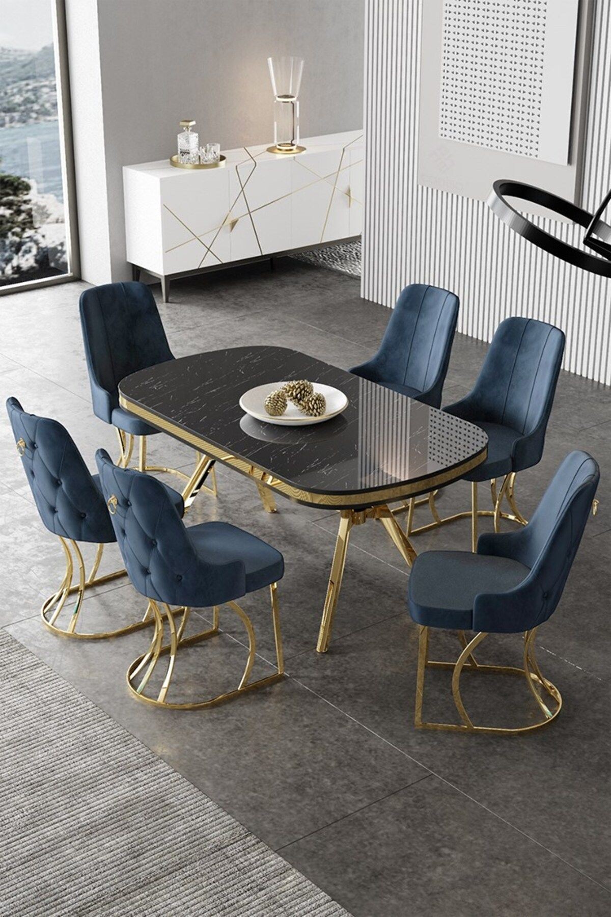 Epal Serisi 90x168 Lak Panel Sonata Masa ve 6 Sandalye Gold Kaplama Ayak