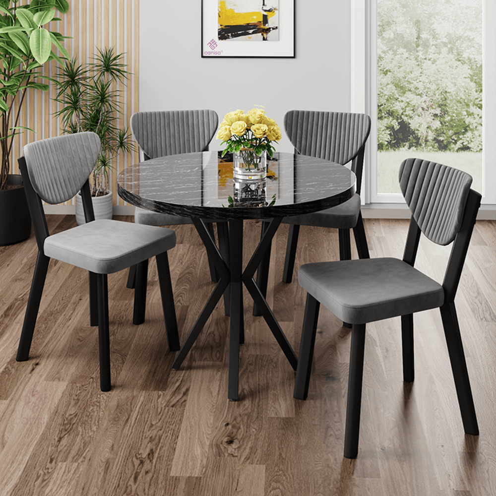 Agnes Serisi 90x90 Yuvarlak Siyah Mermer Desen Masa Takımı ve 4 Sandalye