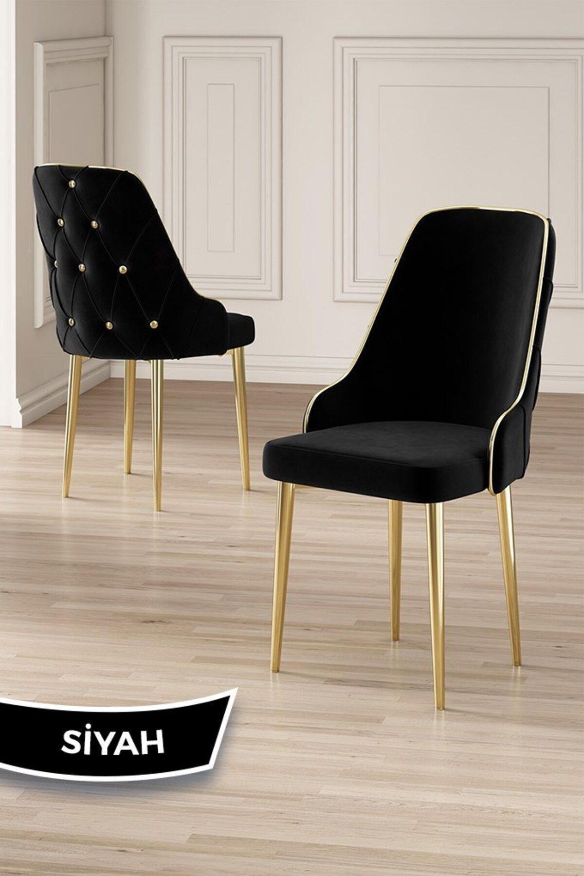 Vae Serisi 90x160 Lak Panel Antrasit İroni Masa ve 6 Sandalye Gold Kaplama Ayak