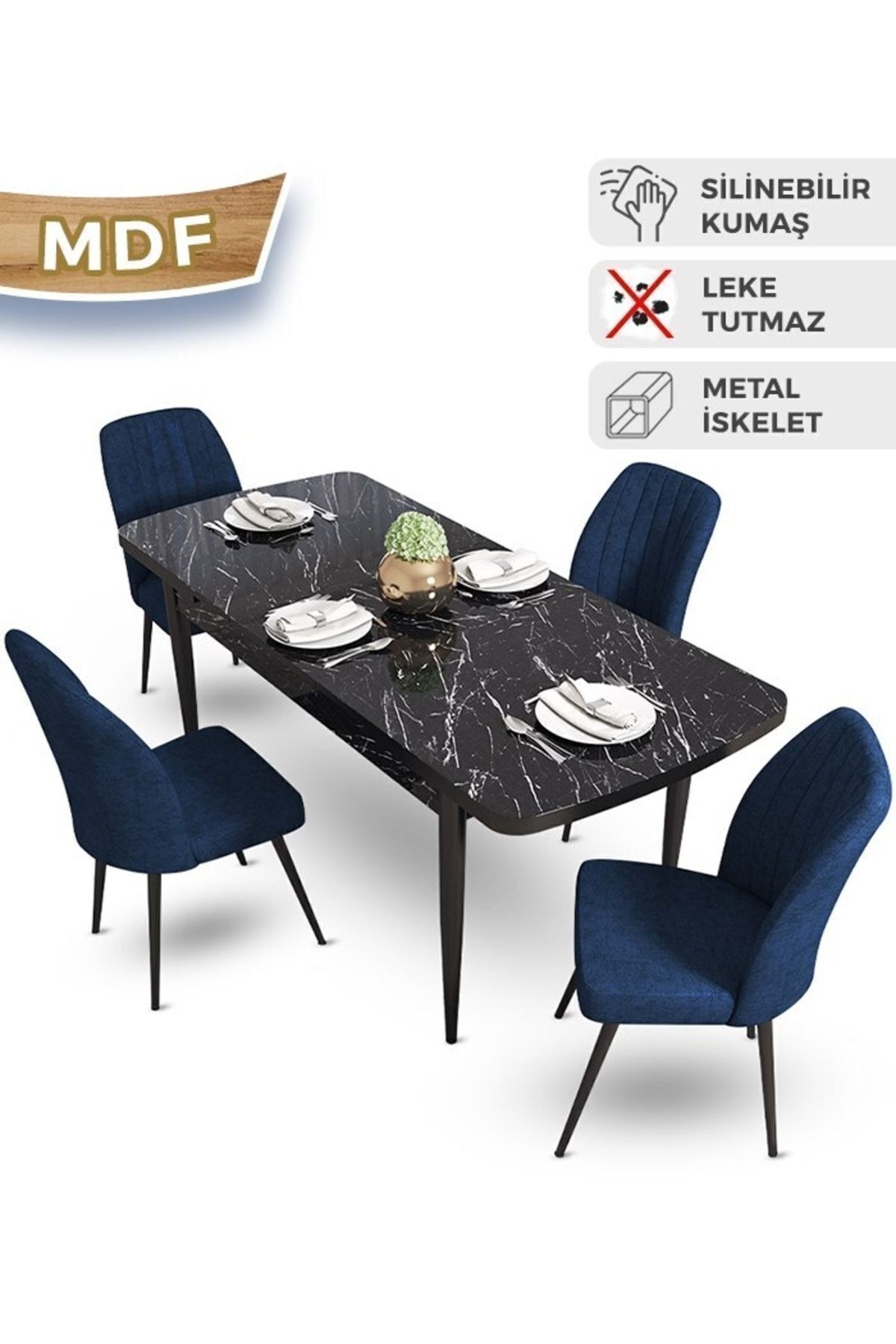 Mun Serisi 80x132 Açılabilir Mdf Siyah Mermer Desen Masa Takımı Ve 4 Sandalye